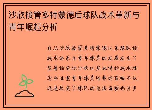 沙欣接管多特蒙德后球队战术革新与青年崛起分析
